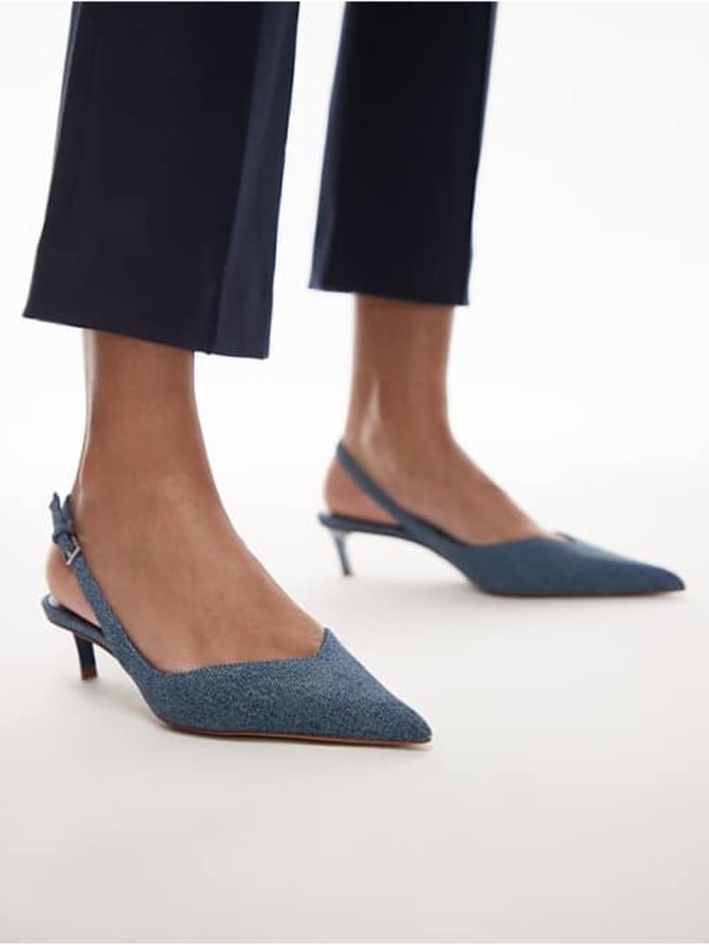 Mango Denim Slingback Kitten Heels Blue Pointed Toe Pumps Euro 40 US 9 New